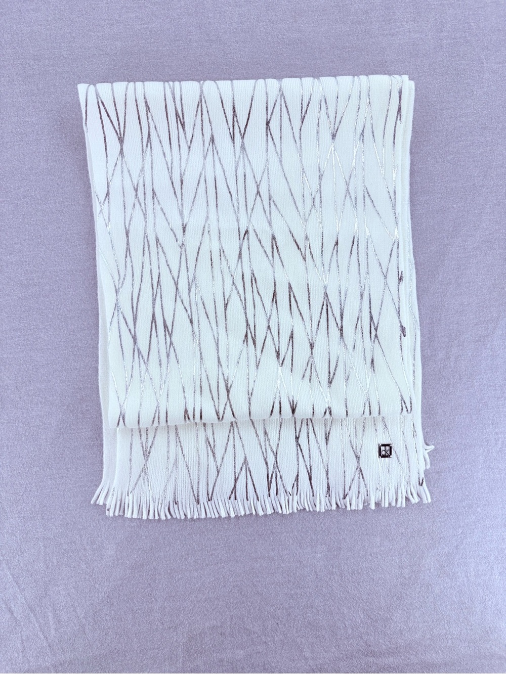 Calvin Klein White Fringe Throw with Metallic Linear Pattern